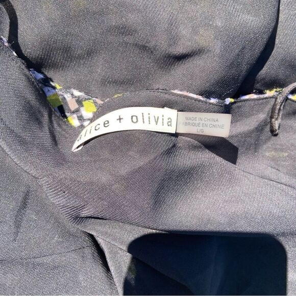 Sz Large Spaghetti Strap Black Lime Yellow Printed Alice + Olivia Top - Picture 5 of 10